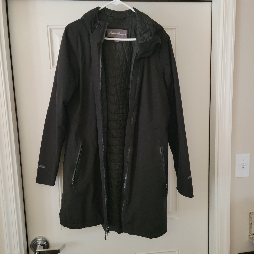 Eddie Bauer Black Quilted Hooded Rain Jacket Large